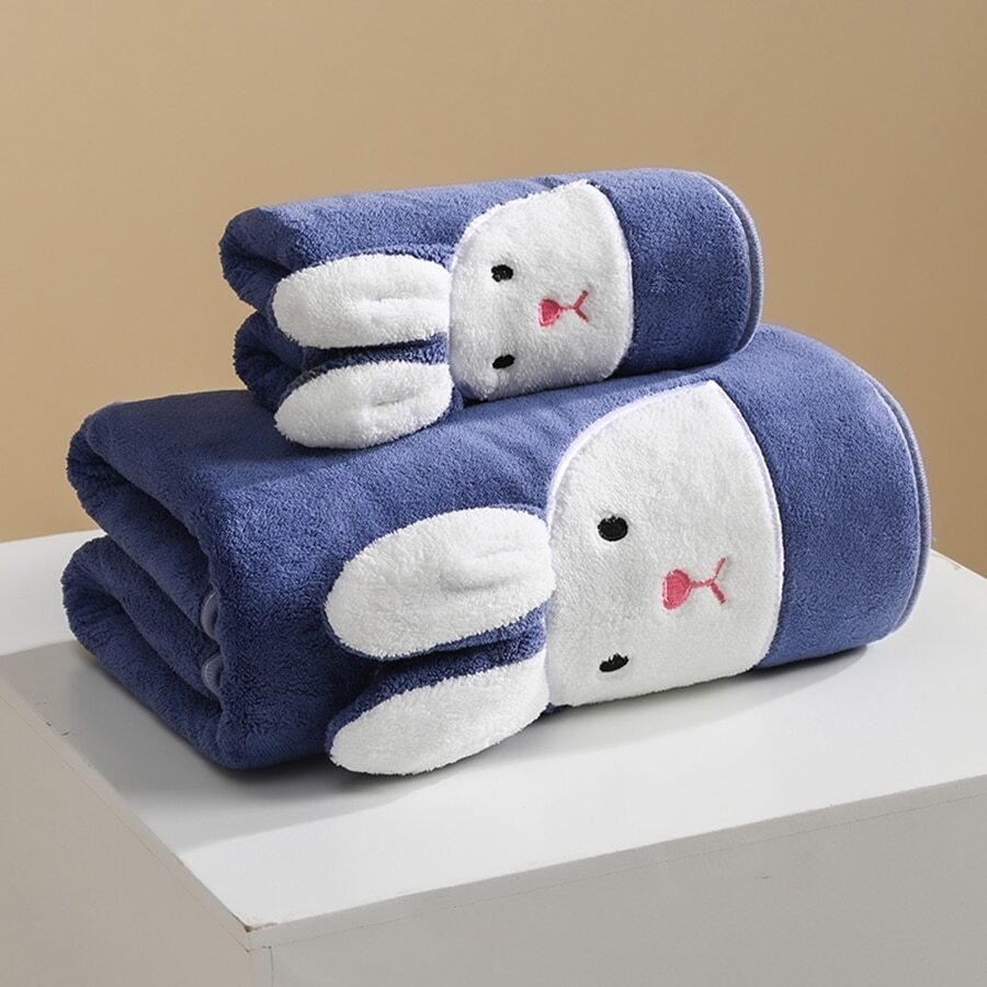 1set Lovely Cartoon Rabbit Head Towel And Bath Towel 2pcs/set - Cute Rabbit/Deep Blue - View 1