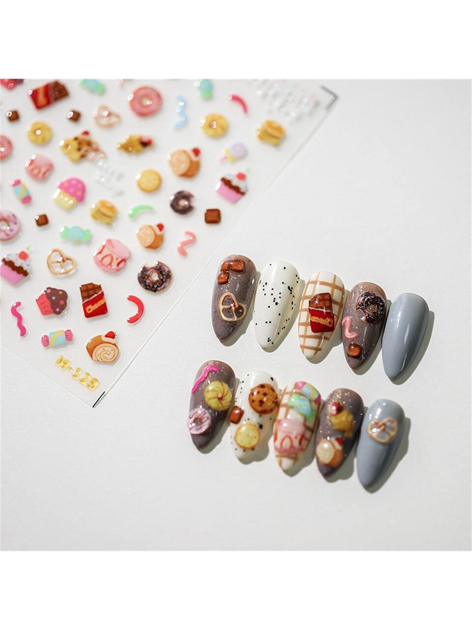 1pc Cute 5D Embossed Relief Nail Art Sticker Colored Manicure Decal Jelly Design Doughnut Bread Biscuits Nail Art Decorations Decals Nail Stickers DIY Nails Nail Supplies