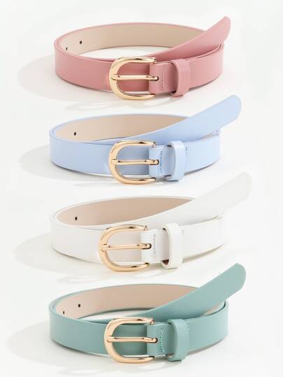 4pcs Women's Elegant Minimalist Square Buckle Versatile Belt, Suitable For Dresses, T-Shirts, Pants, Casual, Office, Commute, Holidays, PU Leather, Solid Color