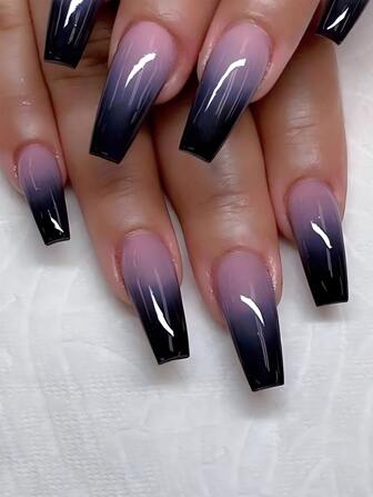 24pcs Long Coffin Nails Set With Purple Gradient French Style Design, Fashionable, Minimalist And Elegant, Detachable False Nail Tips, Suitable For Daily Wear, Parties, Dating, Shopping. Press On Nails Nail Supplies