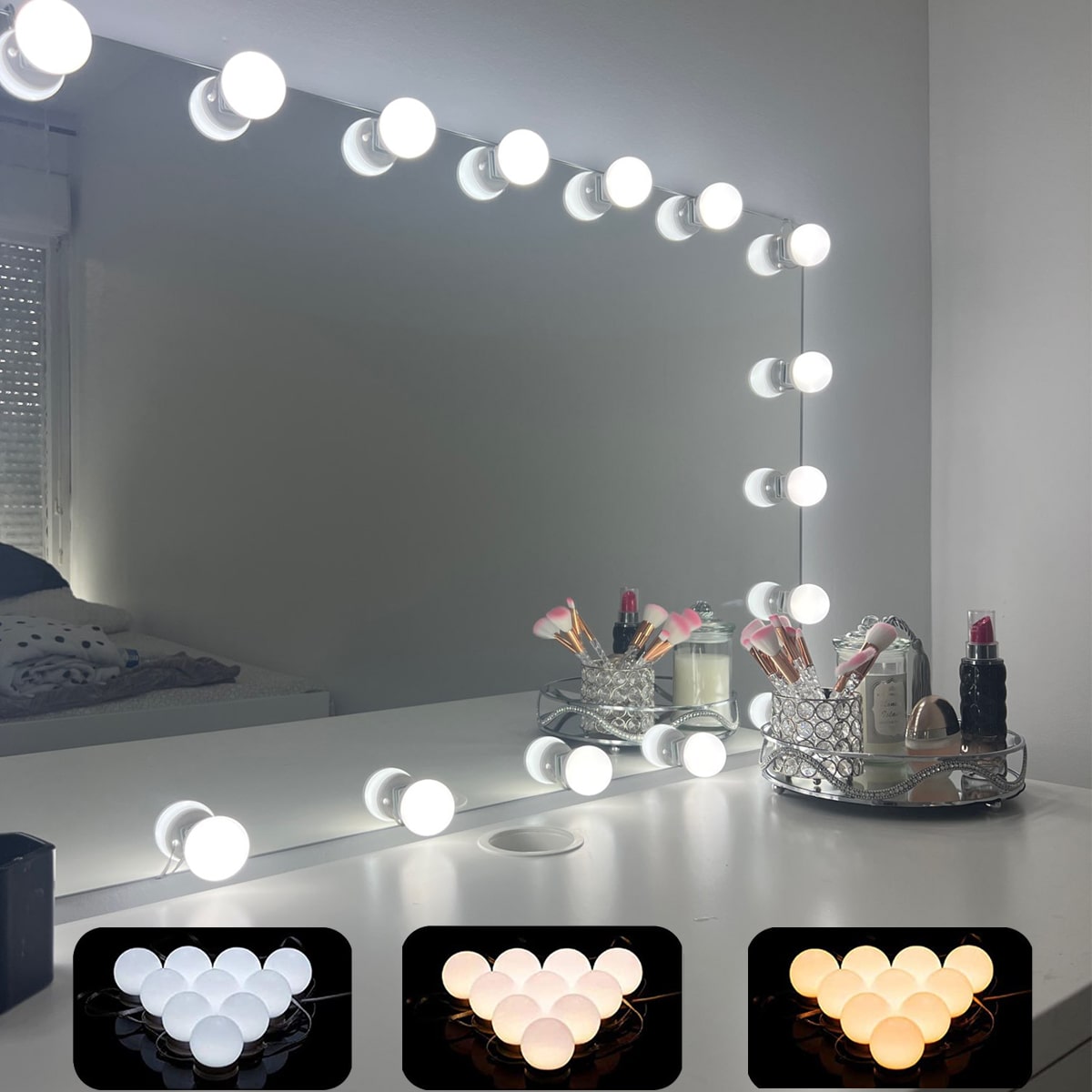 Una Luz Led De Maquillaje De Tres Tonos Usb De Tamaño Múltiple Para El Espejo Con Brillo Y Temperatura De Color Ajustable, Lámpara De Tocador Para
