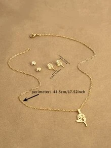 1套金色不鏽鋼玫瑰設計珠寶套裝,包括1對耳環和項鍊,非常適合女性日常穿著、節日、生日、派對等場合 - 金黃色 - 查看 4