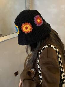 1 Miếng Của phụ nữ Móc thủ công Đan Hình hoa Mũ xô , Ấm áp Đối với Mùa thu Và Mùa Đông , Thích hợp Đối với Mặc hàng ngày Boho - màu đen - Xem 2