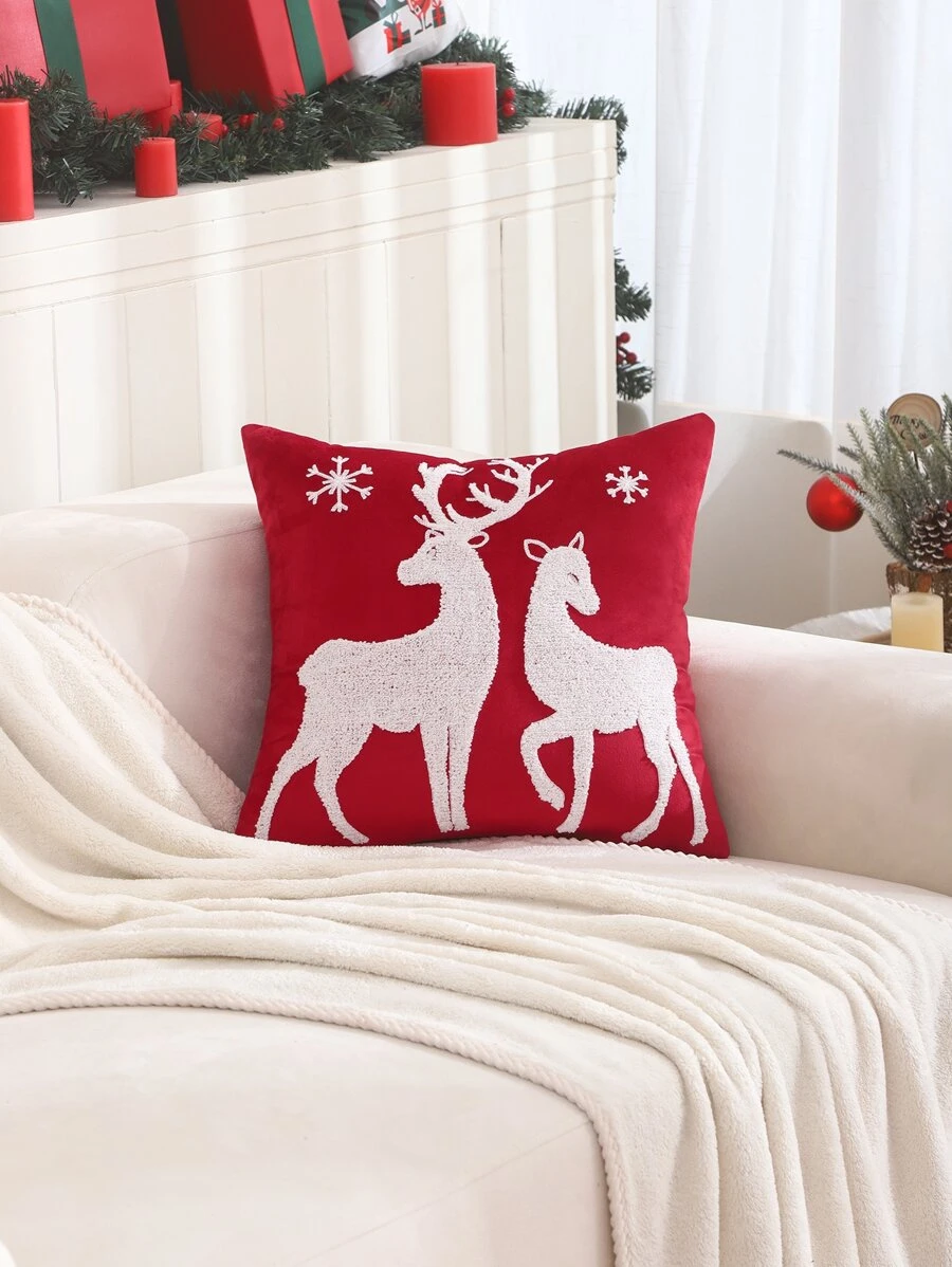 1入組刺繡絨面聖誕鹿抱枕套 - 白色 - 查看 1