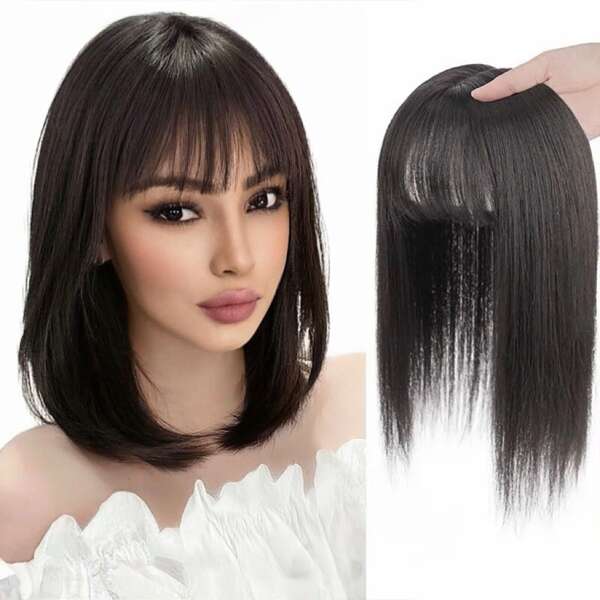 Capelli sintetici corti e lisci 10 pollici 14 pollici Topper con frangia Invisibile 3D Topper per capelli Parrucchino per donne Clip marrone nelle estensioni dei capelli Fibra resistente al calore