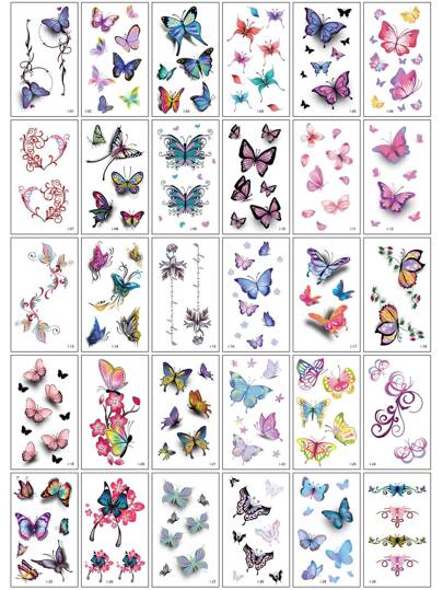 30Pcs Butterfly Fake Temporary Tattoo Sticker, Colorful Water-Proof Lasting Look Real Fake Tattoo, Festival/Y2k Themed Makeup & Party Decoration