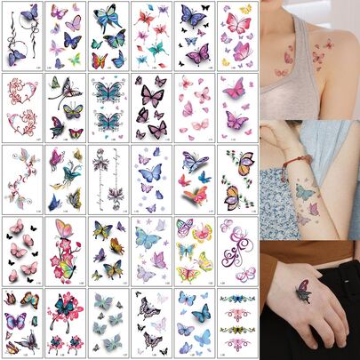 30 قطعة وشم اصطناعي مؤقت على شكل فراشة ملون، مقاوم للماء طويل الأمد بمظهر حقيقي، تزيين الحفلات والمهرجانات والماكياج بموضوع Y2K