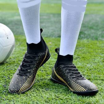 足球鞋青年訓練室內短耳釘成年人遊戲特別高幫足球鞋(黑/白)