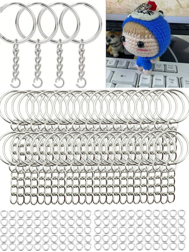 140pcs/pack 1 Inch/25mm Split Key Rings With Chain, Silver Color Keychain With Jump Ring For Jewelry Making/connector - Antique Silver - View 1
