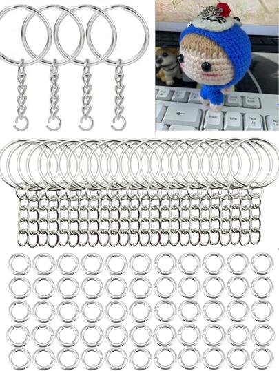 70pcs 1 Inch/25mm Silver Keyring With Chain And Split Ring Key Holder, Used As Connector For Diy Jewelry Keychain Making