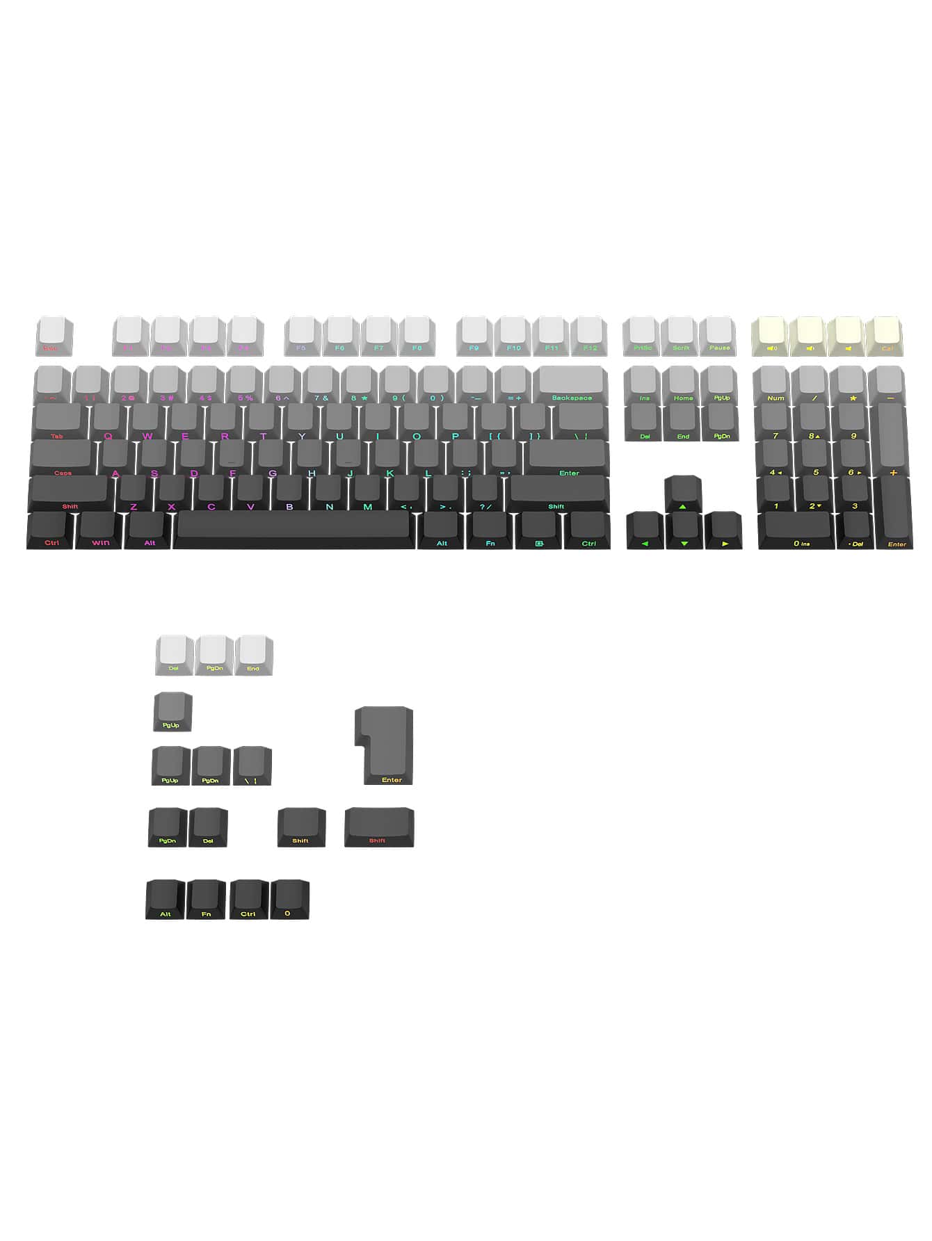 124入組鍵帽，帶夜光文字和 5 面熱昇華兼容 61/68/75/84/87/98/104/108 鍵盤鍵帽採用 Pbt 材料製成，具有 OEM 輪廓，並包裝在盒子中配色方案包括黑色、灰色、蛇綠色、腮紅粉色、極光紫色和帶有蛇鱗圖案角色設計 - 微塵(側刻)字符發光 - 查看 1