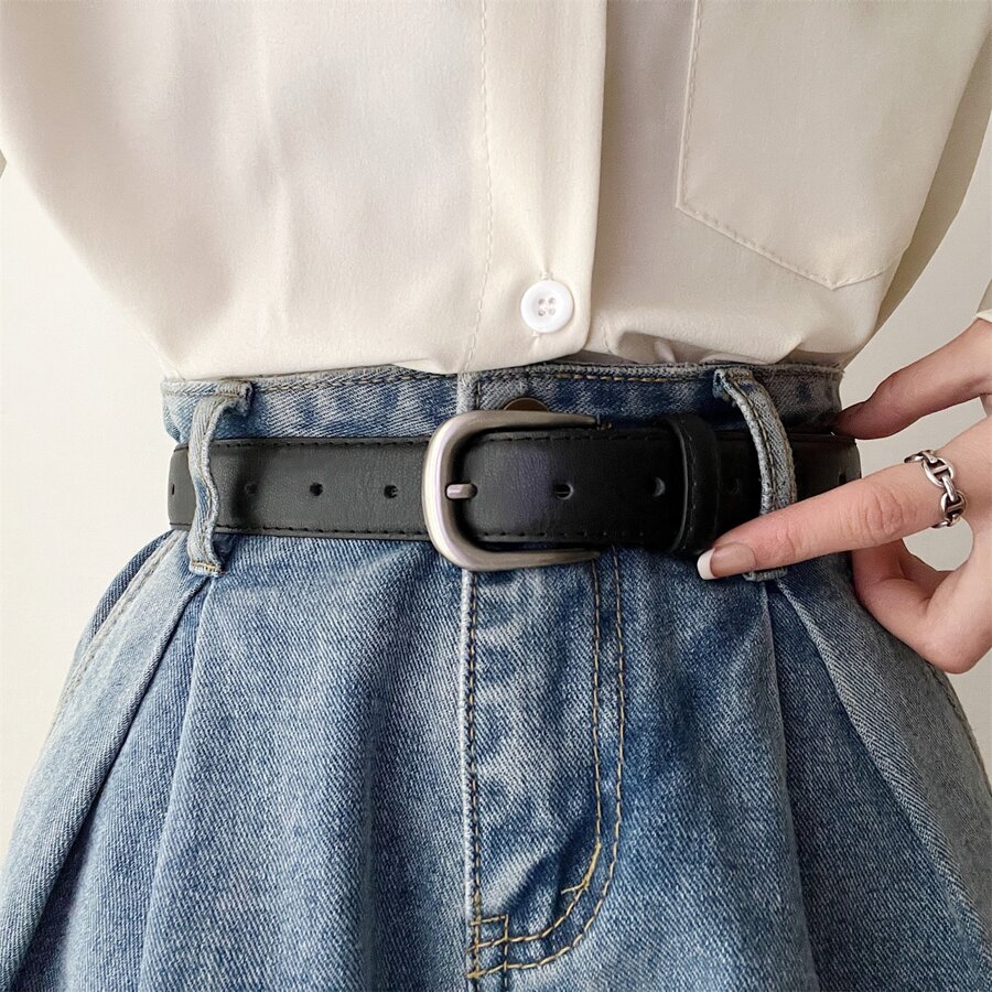 1 Stück Kaffee-Kunstleder-Gürtel mit einfacher Schnalle, modisch und vielseitig, geeignet für den täglichen Gebrauch, den langen Sommer, die Schule im Herbst, Herbst, Halloween - Schwarz - Übersicht 1