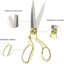 1 件锋利裁缝剪刀布料剪刀皮革剪刀不锈钢服装裁缝剪刀裁缝缝纫布料工艺裁剪专业重型缝纫剪刀超锋利不锈钢刀片剪刀左手剪刀 - 金色 - 查看 4