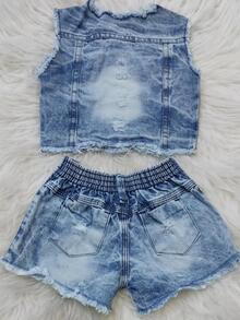 Young Girls Denim Two-piece Outfits - 淺色水洗藍 - 查看 3