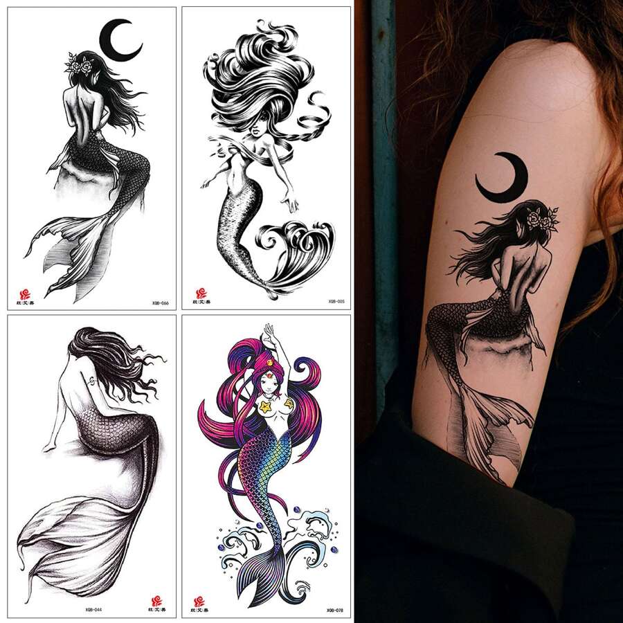 一次性假紋身貼,4張美人魚圖案持久一次性紋身適合女士和女孩 - 黑與白 - 查看 1