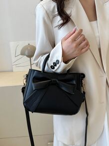 Luxurious Bow Decor Handbag - Women's Double Handle Purse, Small Faux Leather Crossbody Bag For Fashionable Women, Perfect Valentine's Day Gift For Her, Bow Purse For Women, Best Valentine's Gift Choice Ever Valentines , Office , Valentines Gifts - Black - View 2