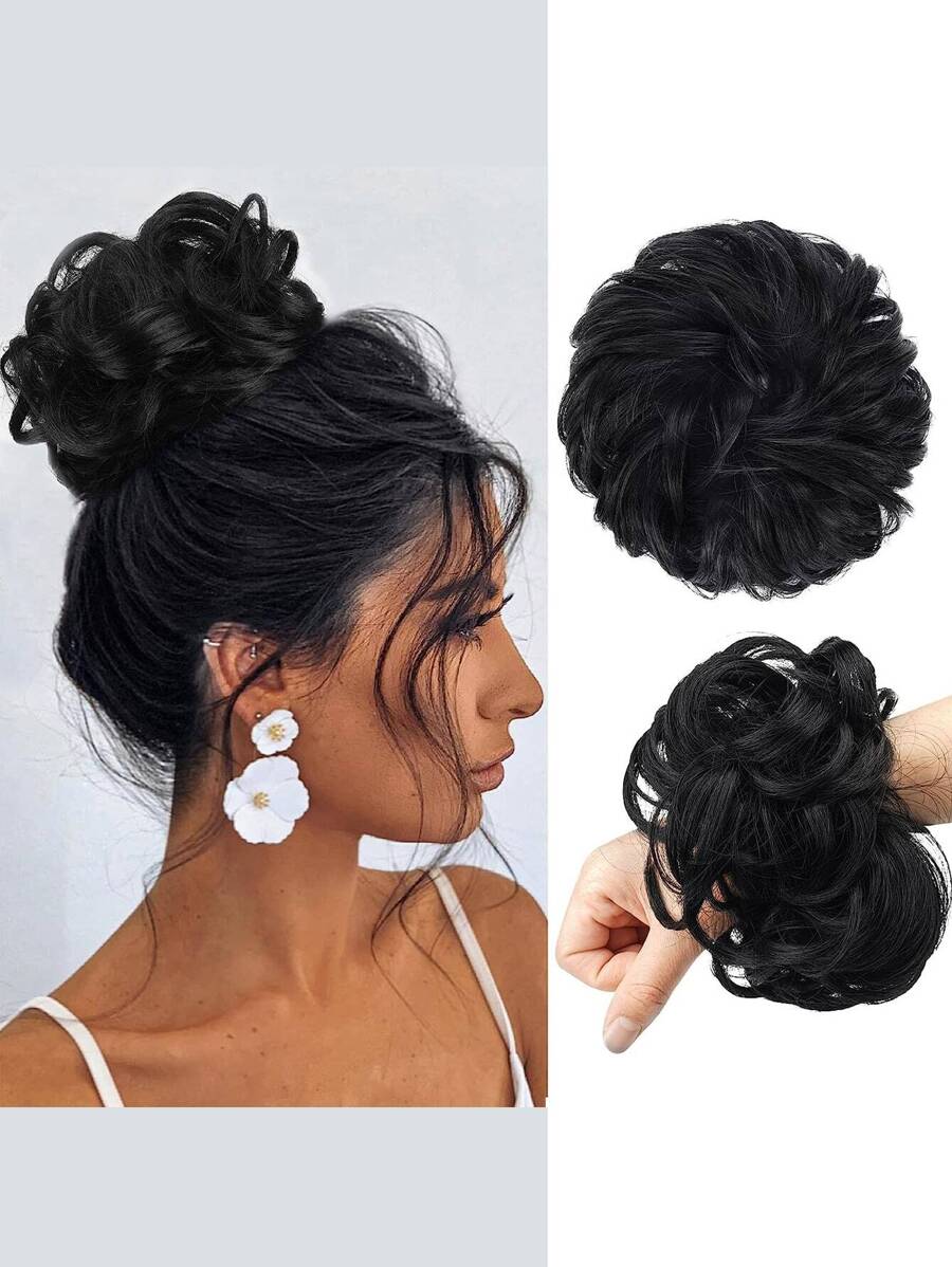 1入組亂糟糟的蓬鬆鬆包髮，合成髮型包髮帶有彈性橡皮筋，休閒款 - 黑色 - 查看 1