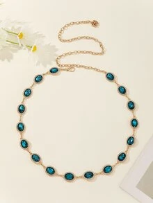 1入組彩色橢圓形水晶&水鑽鑲嵌鋅合金腰鏈適用於女士們,合適的適用於日常穿著 - 水鴨藍 - 查看 3