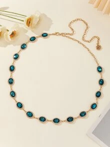 1入組彩色橢圓形水晶&水鑽鑲嵌鋅合金腰鏈適用於女士們,合適的適用於日常穿著 - 水鴨藍 - 查看 4