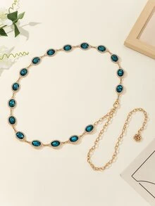 1入組彩色橢圓形水晶&水鑽鑲嵌鋅合金腰鏈適用於女士們,合適的適用於日常穿著 - 水鴨藍 - 查看 5