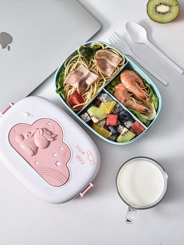 1pc 500ml Three Compartment Pp Bento Box With High-temperature Resistance, Cartoon Square Shaped Portable Travel Lunch Box For Back-to-school Season