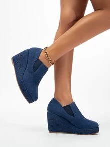 Của phụ nữ Chóp giầy tròn Nêm Gót chân Thêu Chất vải Giày lười Giày dép , Đúng mốt - Màu xanh lam - Xem 4