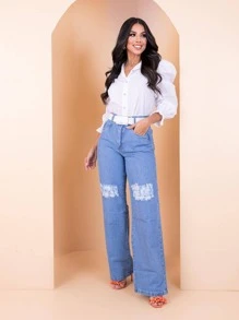 Women Jeans - 淺色水洗藍 - 查看 3