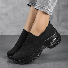 Recién Llegado, Zapatos De Baile Cuadrados De Moda, Informales, Cómodos, Ligeros, Transpirables, Elásticos, Sin Cordones, Con Cojín Grueso, Mayor Altura, Talla Grande Para Mujeres - Negro - Ver 1
