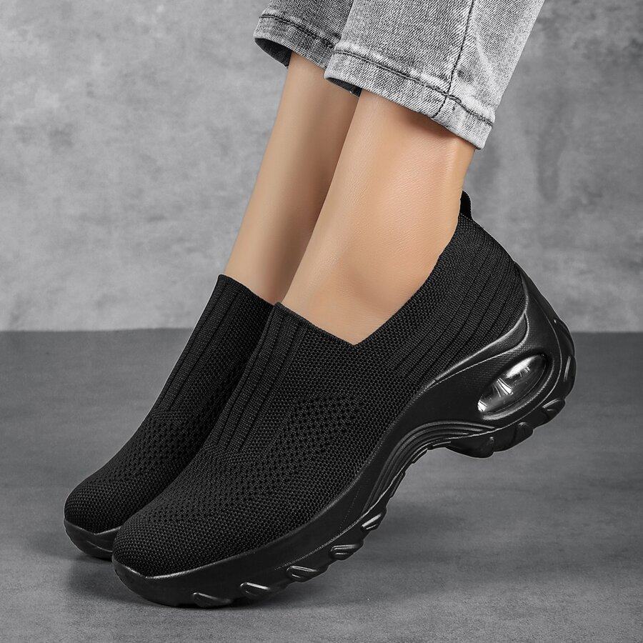 Recién Llegado, Zapatos De Baile Cuadrados De Moda, Informales, Cómodos, Ligeros, Transpirables, Elásticos, Sin Cordones, Con Cojín Grueso, Mayor Altura, Talla Grande Para Mujeres - Negro - Ver 1
