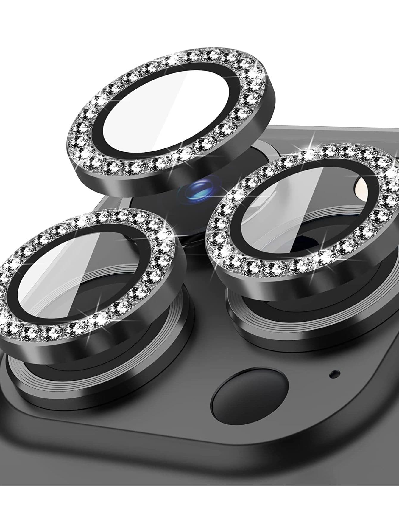 kit Pelicula Metal diamante de Camera proteção Lente Compativel IPhones XR 11 12 12mini 13 mini 13 14 15 pro pro max - Preto - Visão 1