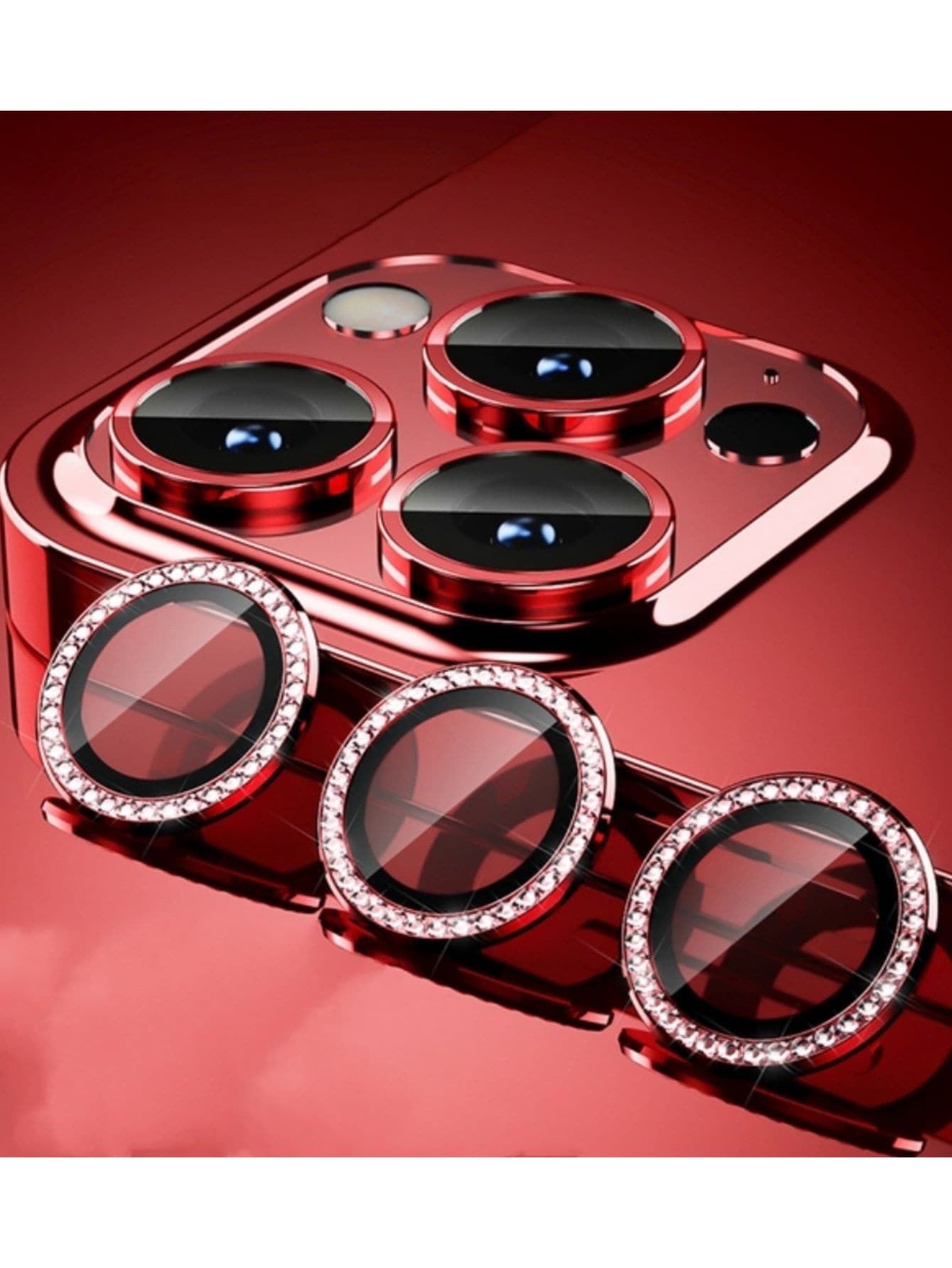 kit Pelicula Metal diamante de Camera proteção Lente Compativel IPhones XR 11 12 12mini 13 mini 13 14 15 pro pro max - Vermelho - Visão 1