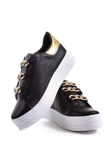 Tenis Negros Det Texturizado Dorados Con Cadena Style 07 - Blanco - Ver 1