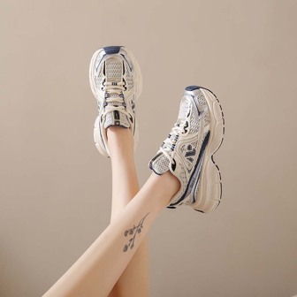 四季時尚老爹鞋帶厚鞋底,透氣網布適用於運動和閒暇