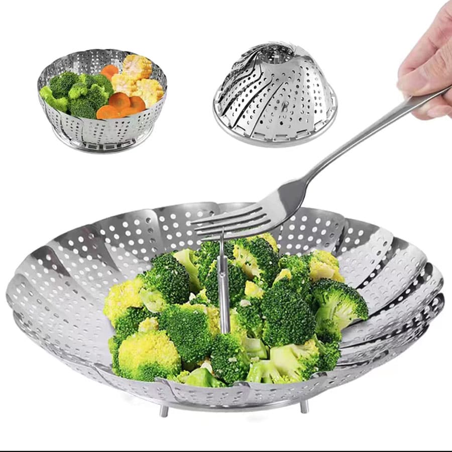 1pc Stainless Steel 3-Leg Steamer Pot, Collapsible Lotus Flower Shaped Steamer Rack, Kitchen Steaming Plate With Draining Tray - Silver - View 1