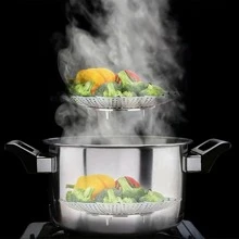 1pc Stainless Steel 3-Leg Steamer Pot, Collapsible Lotus Flower Shaped Steamer Rack, Kitchen Steaming Plate With Draining Tray - Silver - View 3