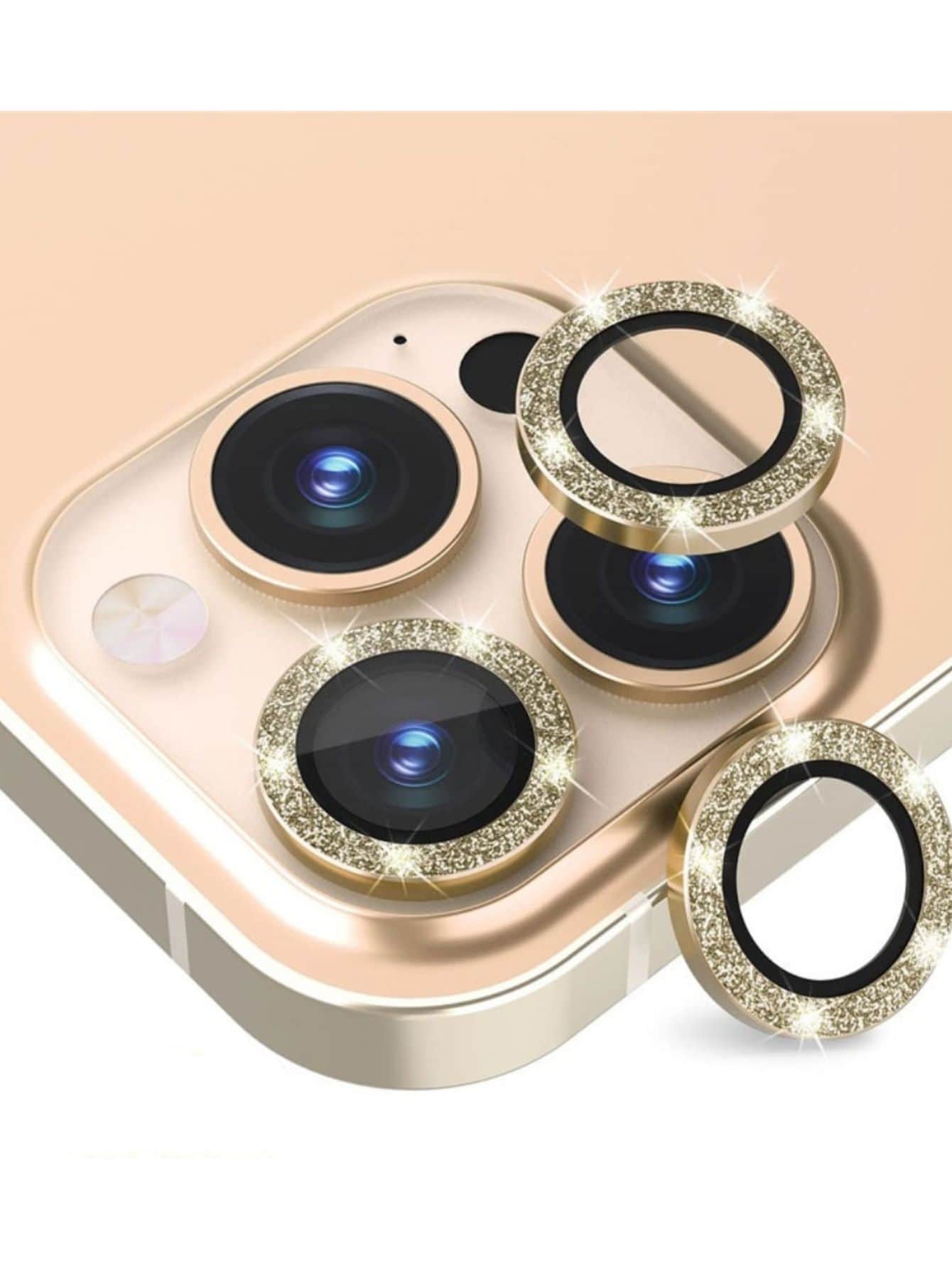 kit Pelicula Metal Brilhante de Camera proteção Lente Compativel para IPhone  XR 11 12 12mini 13 mini 13 14 pro pro max - Dourado - Visão 1