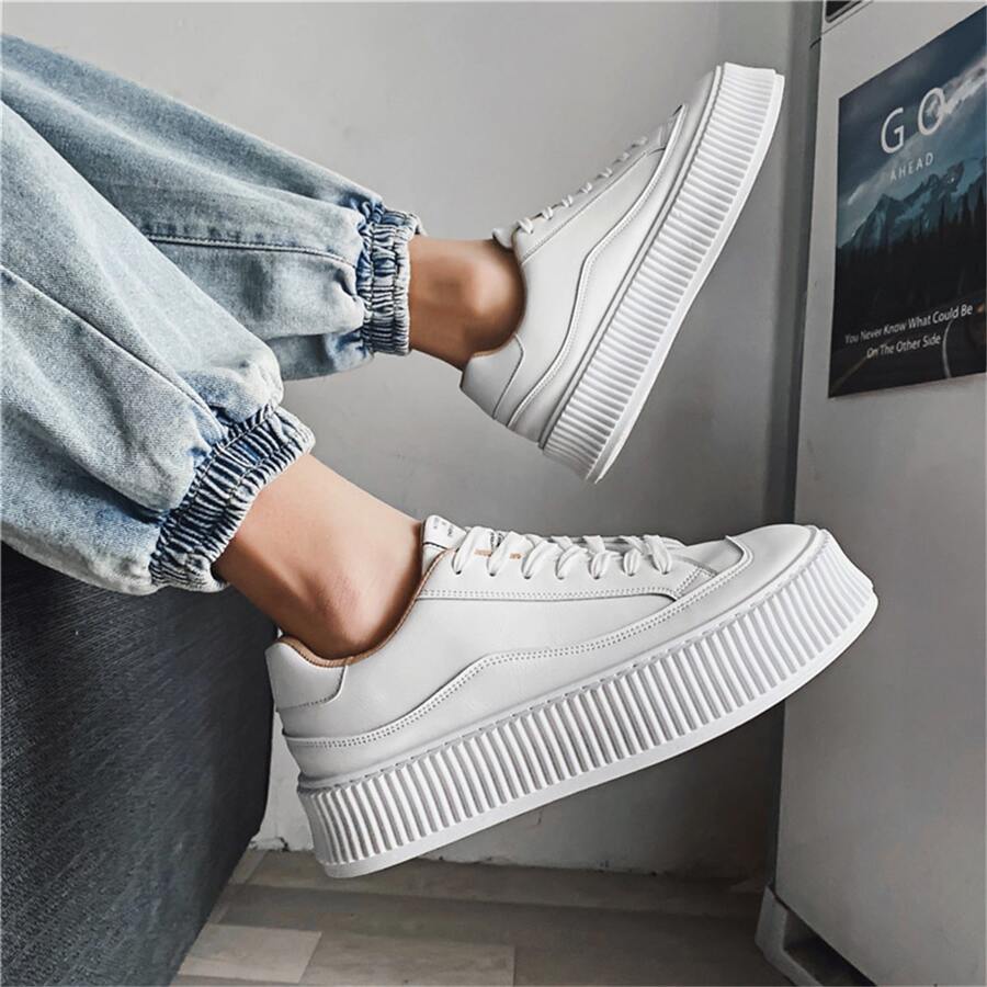 Men's Chunky Sneakers With Elevated Heel, Casual Sports Shoes, Thick Sole, Popular Design - White - View 1