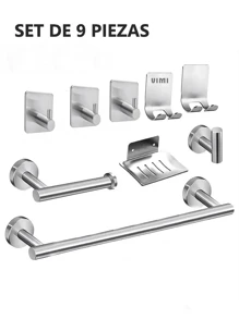 Juego de accesorios de baño con 9 piezas completo de almacenamiento de baño de acero inoxidable 304 - Plateado - Ver 1