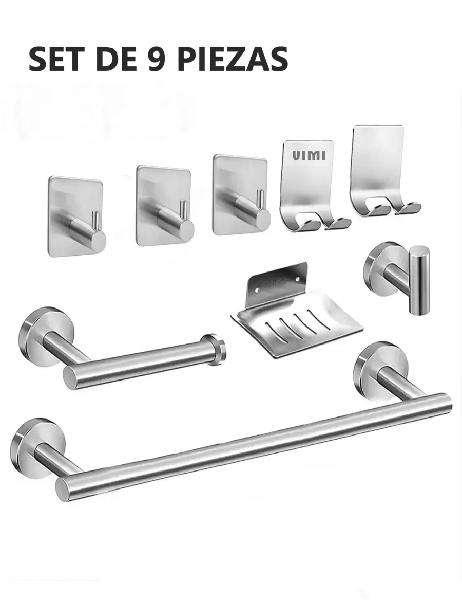 Juego de accesorios de baño con 9 piezas completo de almacenamiento de baño de acero inoxidable 304 - Plateado - Ver 1