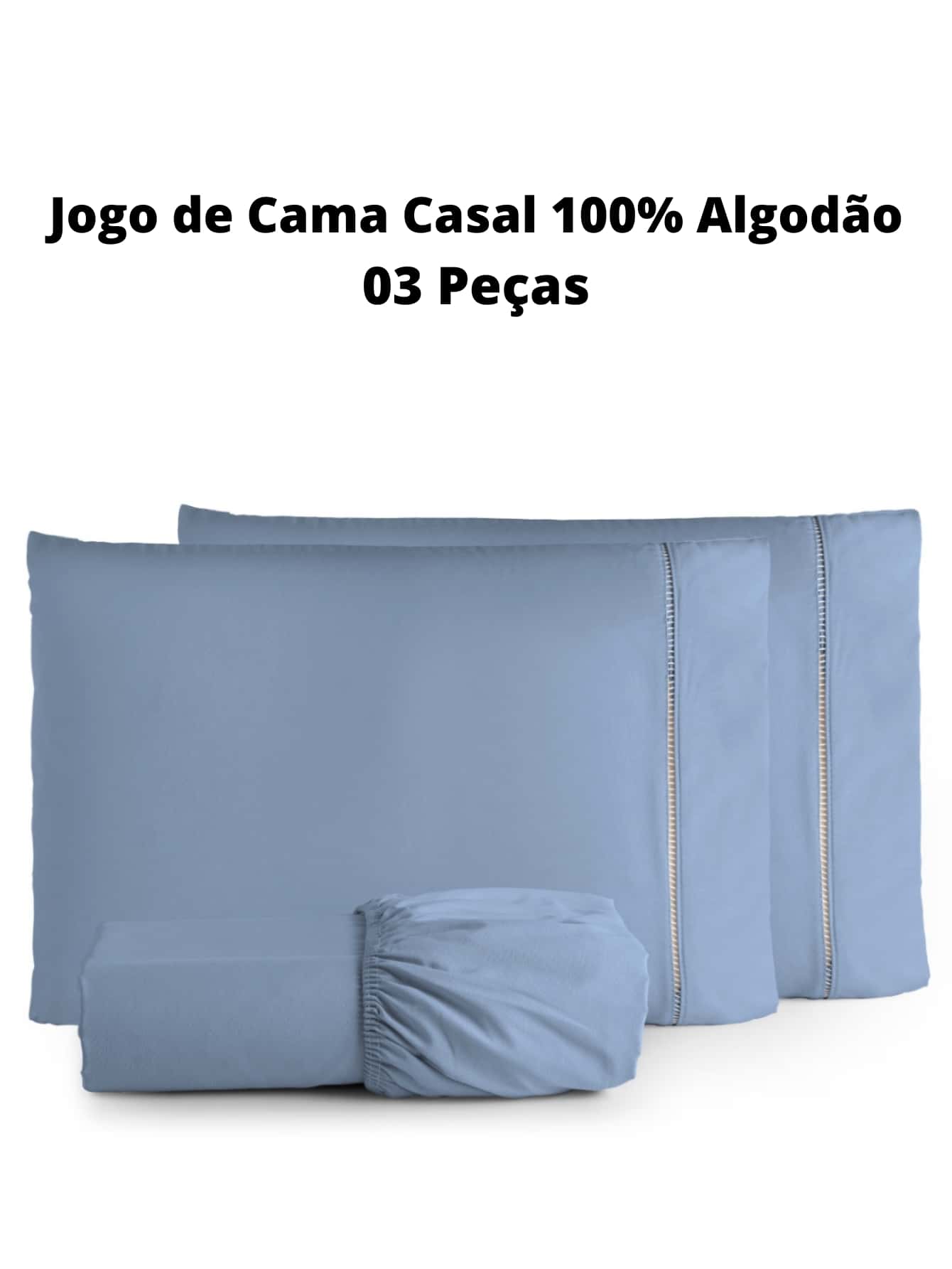 Jogo Roupa de Cama Casal Padrão Lençol com Elástico e Fronha Ponto Palito Azul Colcha Capa Porta Travesseiro 3 Peças Algodão Combo Kit Cobre Leito Hotel Pousada