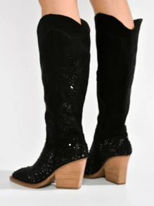 Women's  Rhinestone Pointy Toe Cowboy Boots - Single Pointy Suede Western Block For Festival Shoes - Black - View 3