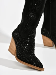 Women's  Rhinestone Pointy Toe Cowboy Boots - Single Pointy Suede Western Block For Festival Shoes - Black - View 4