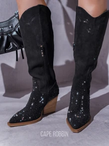 Women's  Rhinestone Pointy Toe Cowboy Boots - Single Pointy Suede Western Block For Festival Shoes - Black - View 1