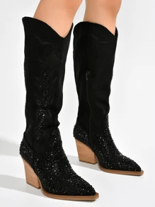 Women's  Rhinestone Pointy Toe Cowboy Boots - Single Pointy Suede Western Block For Festival Shoes - Black - View 2