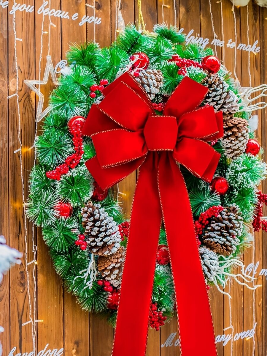 1個大型聖誕紅絨面花冠聖誕樹裝飾,金色飾邊聖誕蝴蝶結 - 紅色 - 查看 1