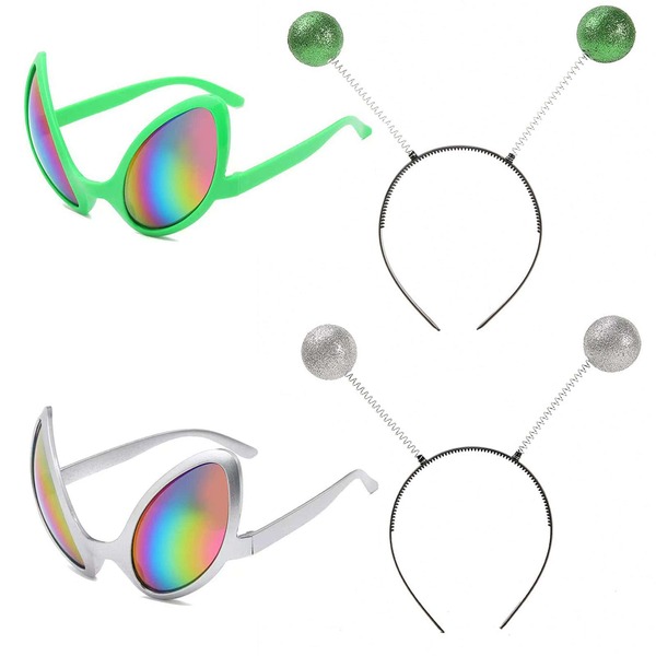 2 paia di Fascia per capelli e occhiali con tema alieno, fascia per capelli con antenne arcobaleno e occhiali da sole con lenti a specchio, accessori da costume di Ognissanti a tema spazio esterno per adulti