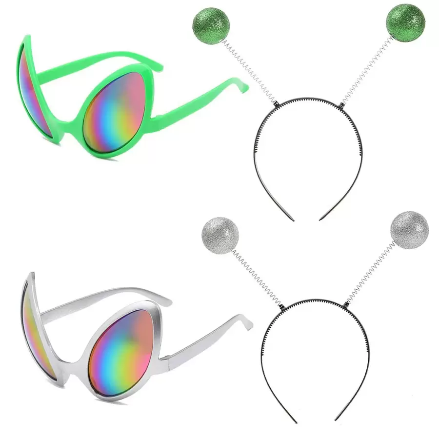 2 对外星人头带和眼镜，外星人天线头带彩虹镜片太阳镜，外星人头带，外太空主题万圣节成人发带遮光镜新奇化妆服装配饰 - 綠色 - 查看 1