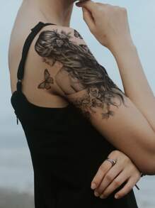 STARTTOOS 1 miếng dán hình xăm tạm thời họa tiết hoa, bướm, lưng, tóc đen cho cánh tay và cơ thể - màu đen - Xem 5