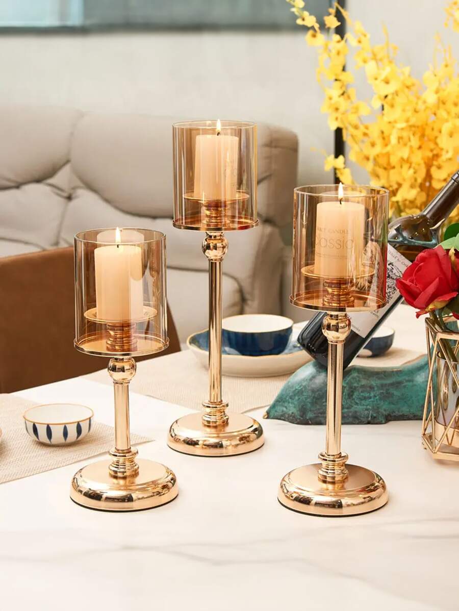 1 pieza Juego de decoración de candelabro de vidrio soñador para cena romántica a la luz de las velas en la sala de estar o restaurante, que incluye portavelas de tamaño grande, mediano y pequeño, decoración del hogar y regalo para Año Nuevo - Dorado - Ver 1