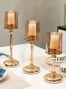 1 pieza Juego de decoración de candelabro de vidrio soñador para cena romántica a la luz de las velas en la sala de estar o restaurante, que incluye portavelas de tamaño grande, mediano y pequeño, decoración del hogar y regalo para Año Nuevo - Dorado - Ver 4